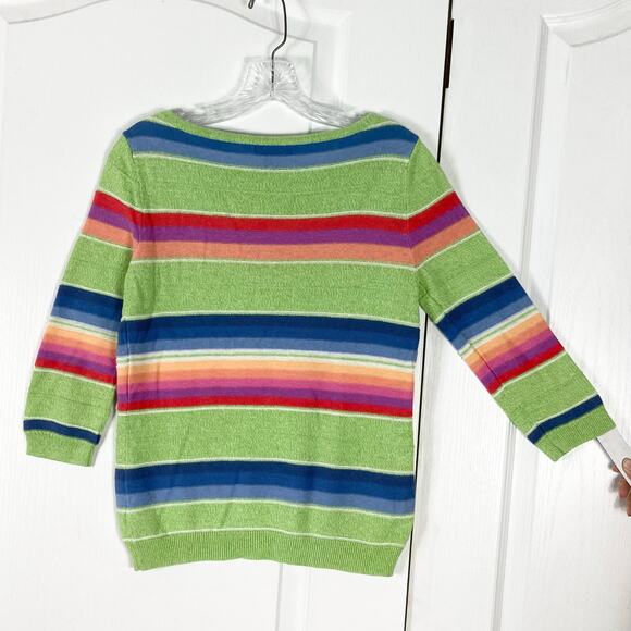 NWOT CHAPS Sweater S Linen Cotton Rainbow Stripe Boat-Neck 3/4-Sleeve Green Pink - Picture 2 of 6